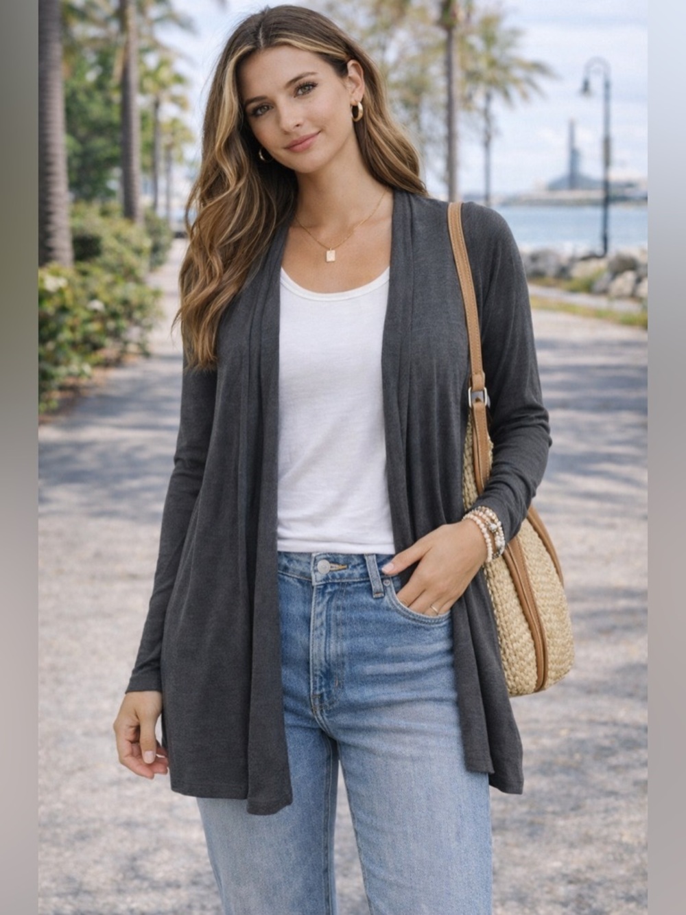 Eileen Fisher Charcoal Open Front Cardigan Small Lightweight Draped Minimalist